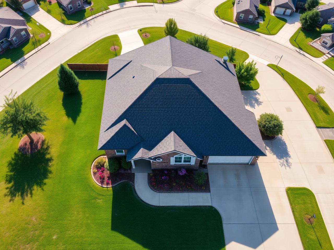 Aerial view of a North Texas suburban home with a new dark shingle roof in Denton County